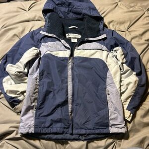 Columbia dark purple, white, lavender fleece lined full zip colorblock coat Med